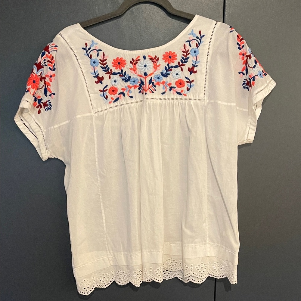 Rebecca Taylor White Blouse with Red and Blue Embroidery